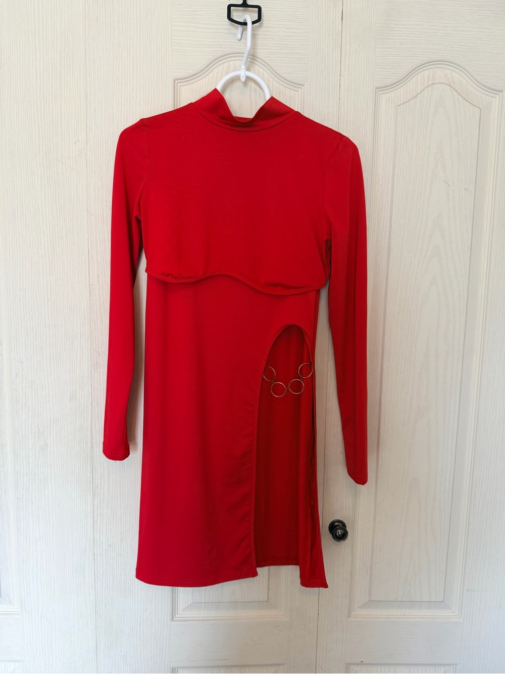 SHEIN Red Long-Sleeve Cutout Midi Dress with Ring Detail